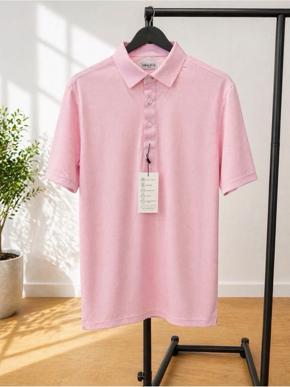 NWT Collars & Co M Pink Micro-Gingham Polo